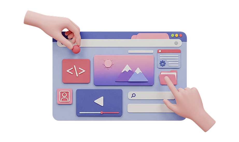 Illustration showing hands interacting with a webpage design interface